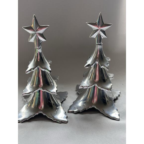 2 VTG Polished Aluminum Christmas Tree Solid Table Decoration 8.25in Star On Top - Picture 1 of 5